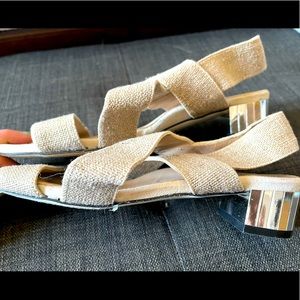 Ron White tan strappy canvas sandals with low mirrored heels, size 35 1/2